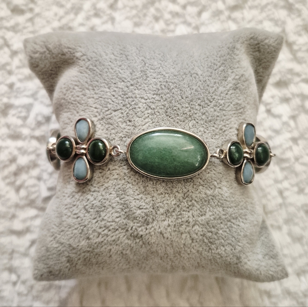 Sterling Silver Floral Jade & Larimar Stone Bracelet - Picture 1 of 10